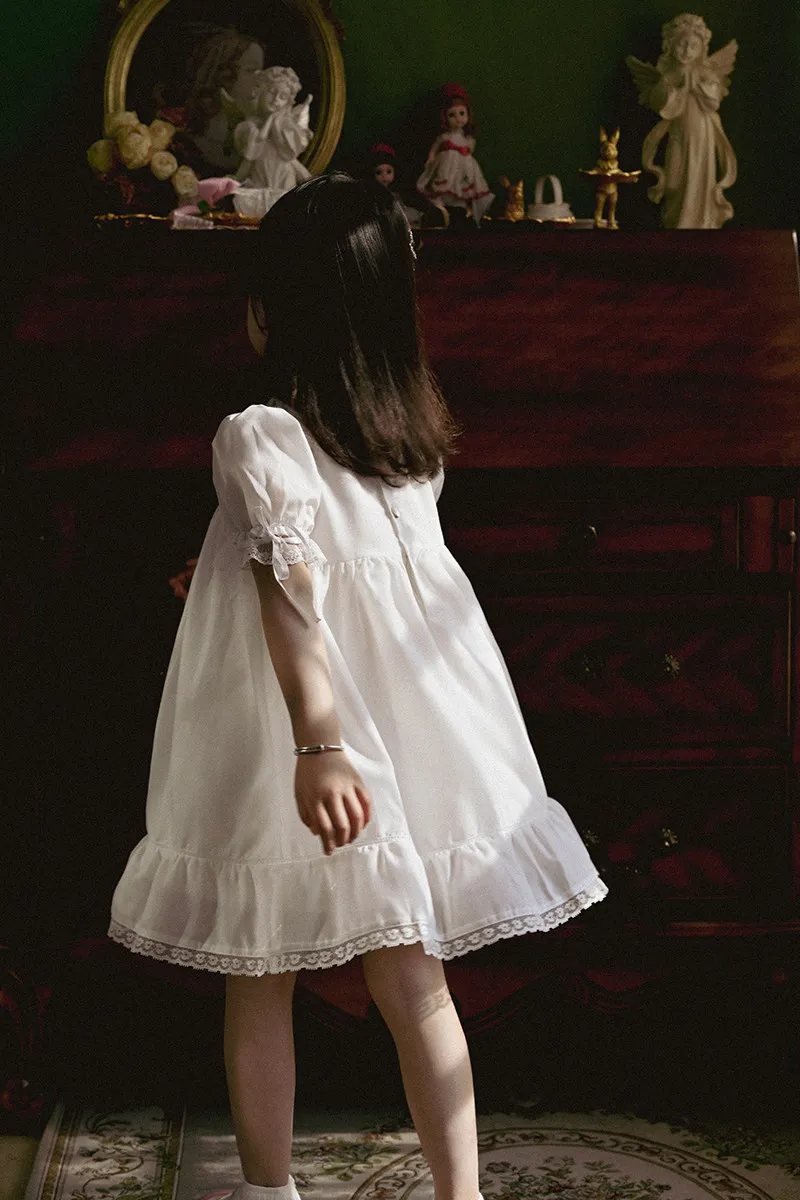 Vintage Cottagecore Nachthemd für Kinder mit Blumenstickerei, Spitze, Puffärmeln, Babydoll-Kleid, Süßes Lolita Locker Sitzendes Smoking-Kleid – Detail 6