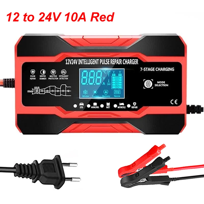 12V 24V 12A 10A Batterieladegerät Intelligentes Schnellladen für Autobatterien 7-stufige Ladepulsreparatur für AGM GEL WET Bleisäure