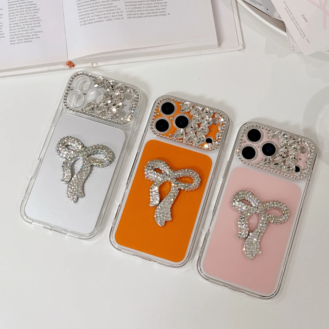 Luxury Instant 17 Series Camera Precision Hole Handmade Rhinestone Bow Case For iPhone 13 14 15 16 17 Pro Max Phone Cover