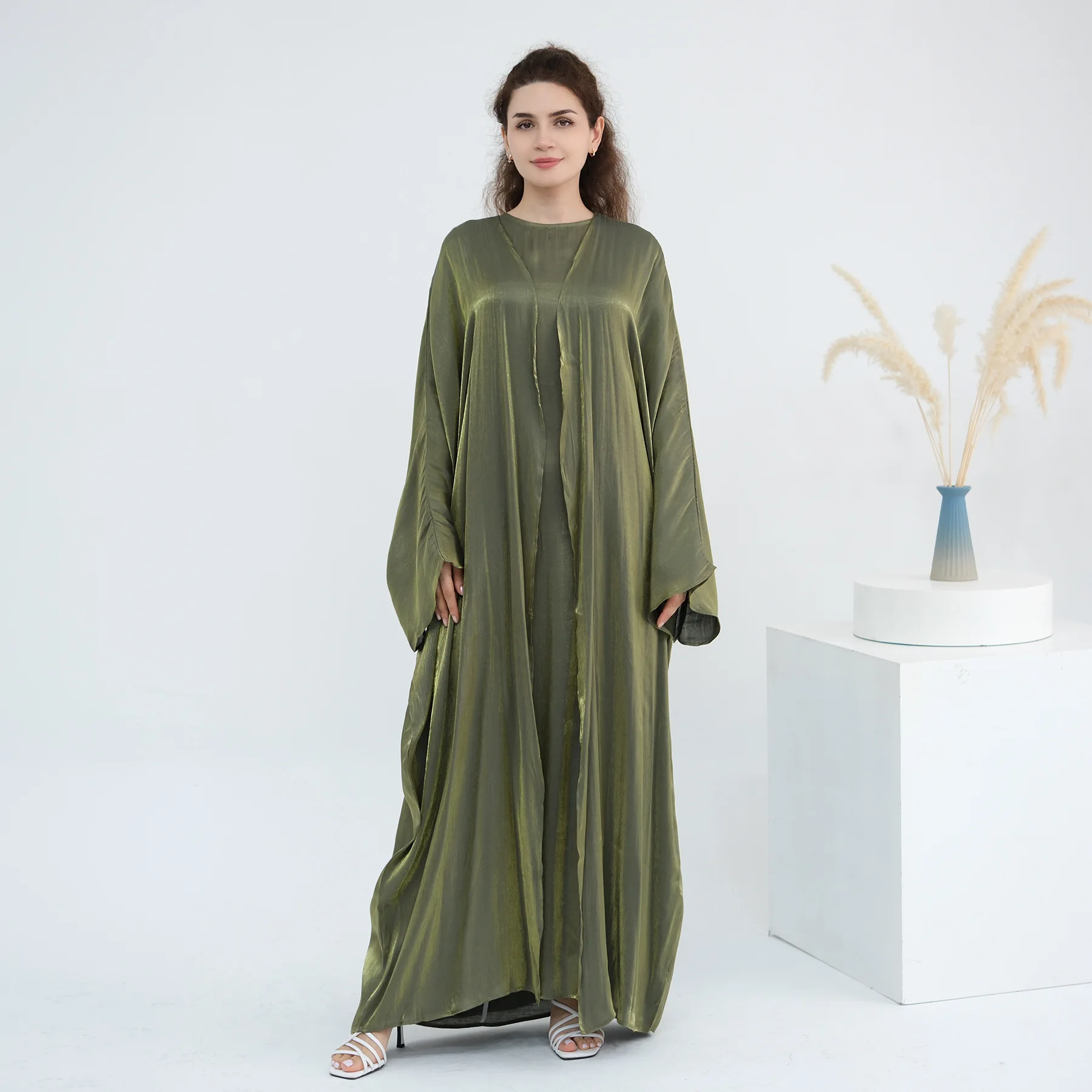 Dubai Kimono Aperto Abaya Glitter Set Musulmano Donne Abito Lungo Turchia Caftano Eid Jalabiya Femme Robe Islam Abbigliamento Kebaya Abiti
