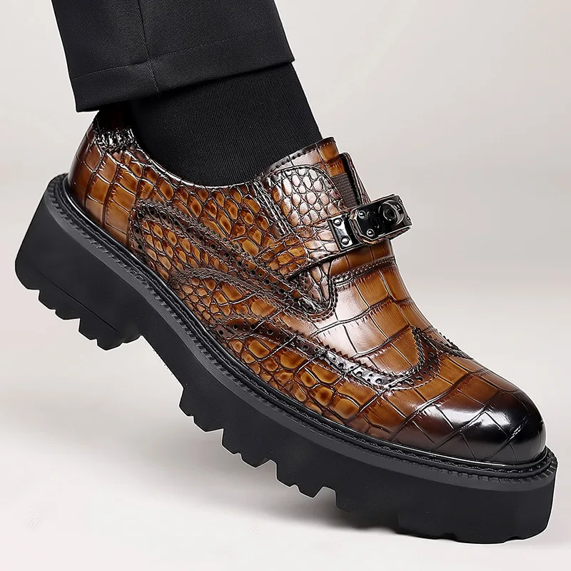 

Premium Men's Black Crocodile Embossed Platform Derby Shoes Classic Brogue Design Chunky Sole Formal Shoes for Gentlemen