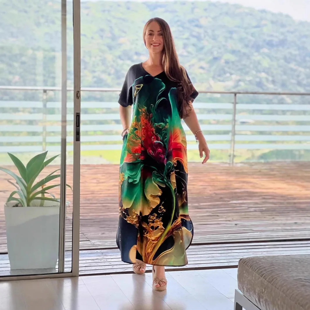 Długa sukienka damska z dekoltem w serek, maxi sukienka w kwiatowy wzór, sukienka plażowa plus size na wakacje, sukienka boho na imprezę dla kobiet, sukienki damskie 2025