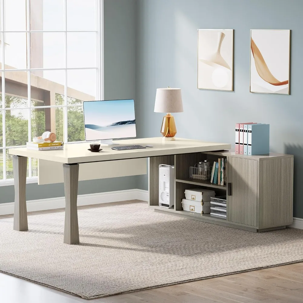 Mesa em forma de L de 71 polegadas com prateleira de armazenamento, conjunto de móveis de negócios para escritório doméstico, cinza e branco creme