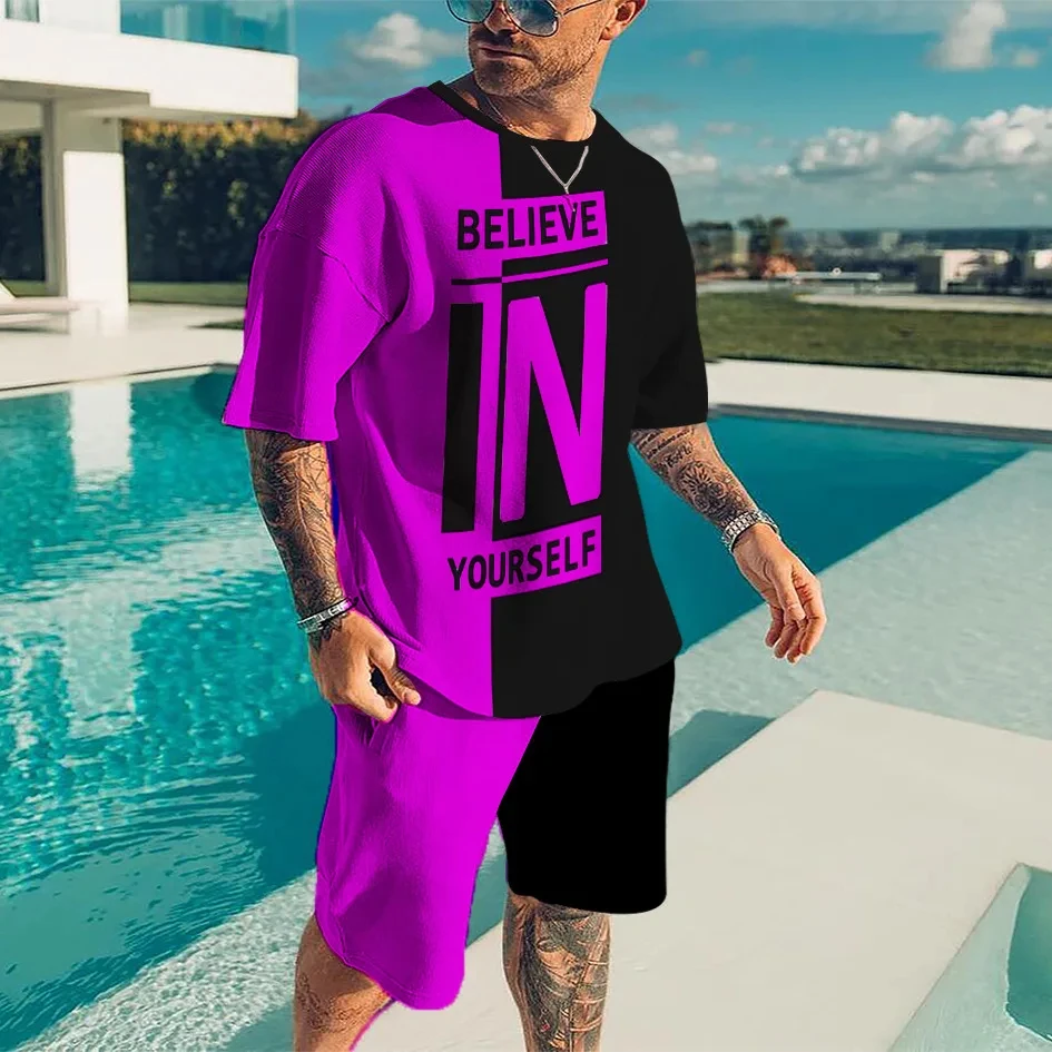 Nowy letni dres męski uwierz w siebie t-shirt zestaw szortów strój sportowy odzież do joggingu odzież typu Oversized Outdoor Streetwear