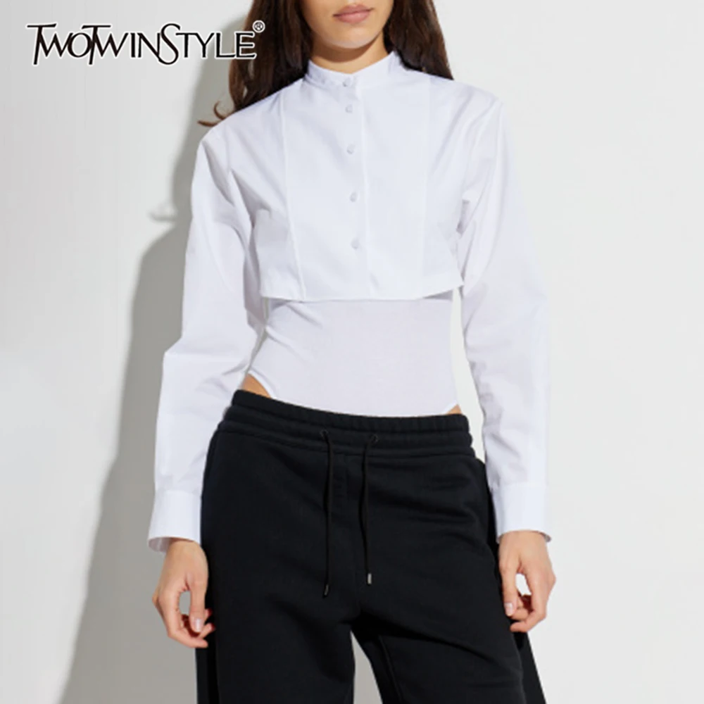 TWOTWINSTYLE Edgy Streetwear Style White Cropped Bodysuits for Women Stand Collar Long Sleeves Buttons Accent for Casual Outings