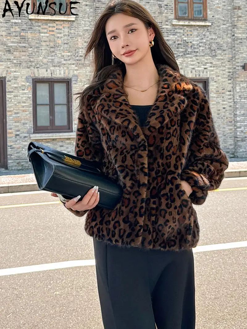 AYUNSUE Natural Mink Fur Jacket Woman Fashion Leopard Print Real Fur Jackets for Woman Clothes High Quality 2025 Шуба Женская
