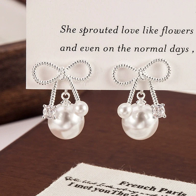 Sweet and chic Simple Bow Pearl Stud Earrings Unique Featuring a Rear-hanging Style Earring Elegance Jewelry For Women KOFSAC
