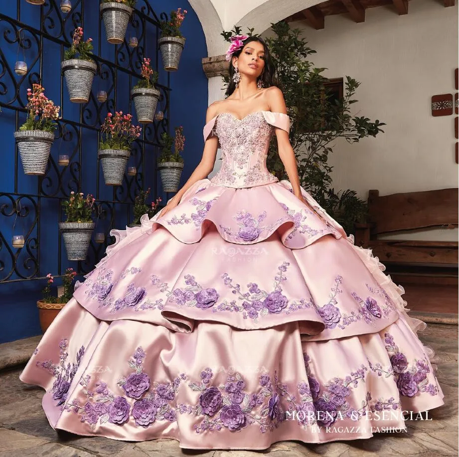 Vestido de quinceañera mexicana rosa con lavanda, falda hinchada con volantes de princesa, bordado Floral, dulce 15 vestidos de bal con cordones