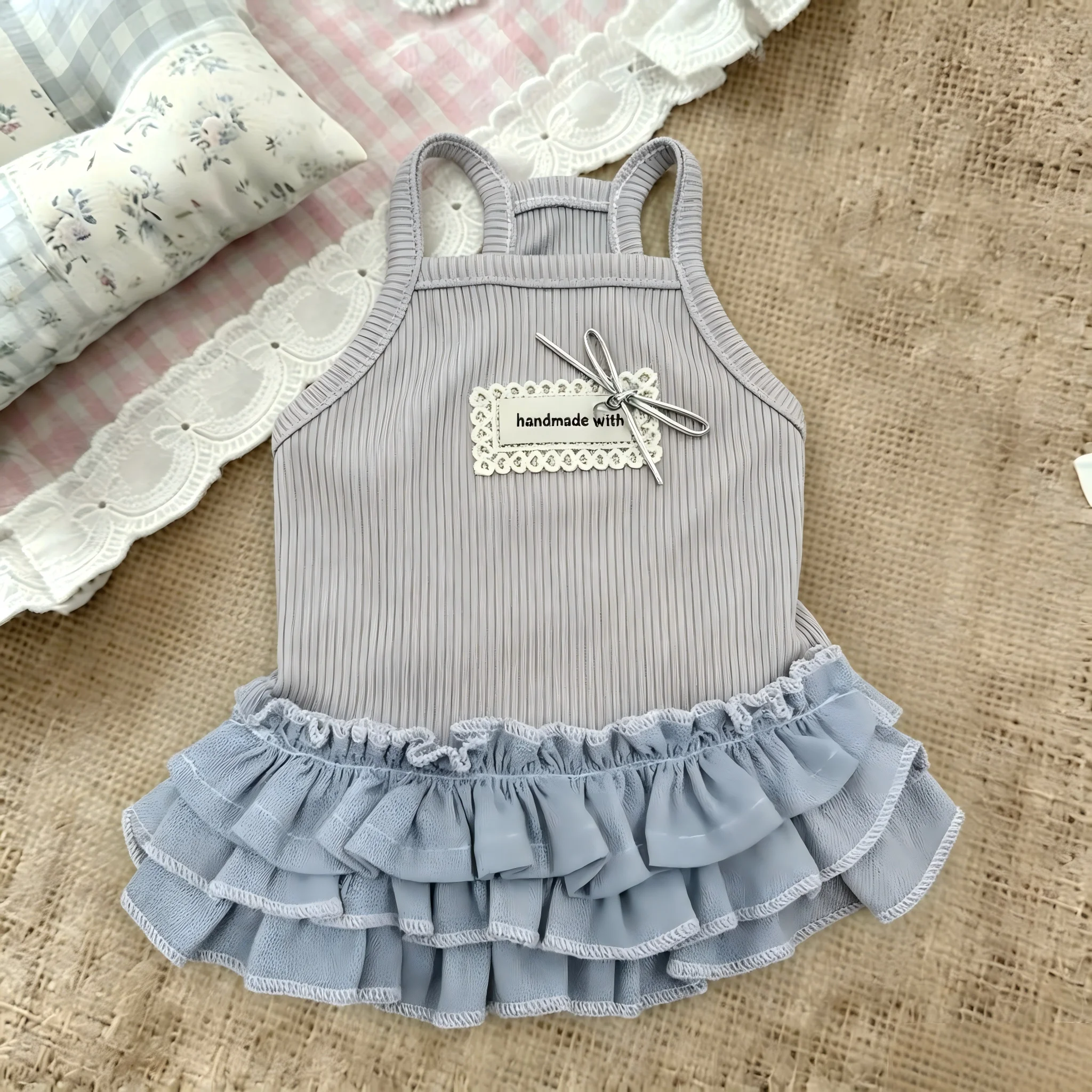 Sweet Ribbed Sling Pet Dress Lace Label Tiny Bow Double Ruffle Hem Sleeveless Summer Tank Outfit for Small Dogs Cats