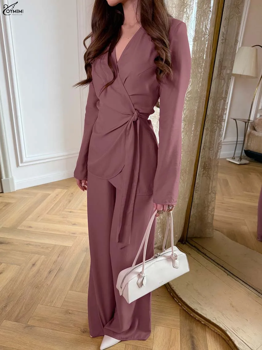 Oymimi أنيقة الوردي الداكن امرأة 2 قطعة مجموعة الزي عادية الخامس الرقبة طويلة الأكمام الدانتيل متابعة القمصان وبنطلون مستقيم بسيط مجموعات