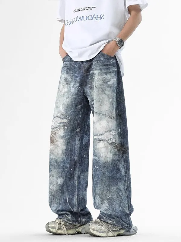 بنطلون جينز أمريكي ريترو Waed Adient أزرق مستقيم الساق ex High Street طويل كاجوال من القطن الدنيم للشباب #1