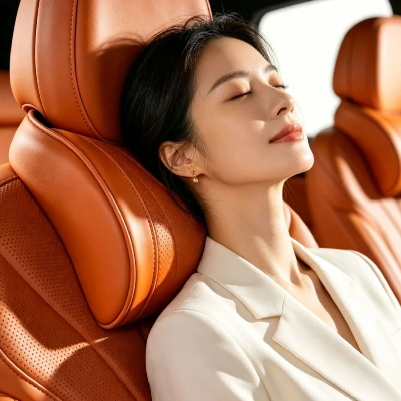 Vehicle Headrest Pillow with 3D Contoured for Travel, Removable Leather Cover, Concealed Closure and Rear Elastic H9EE