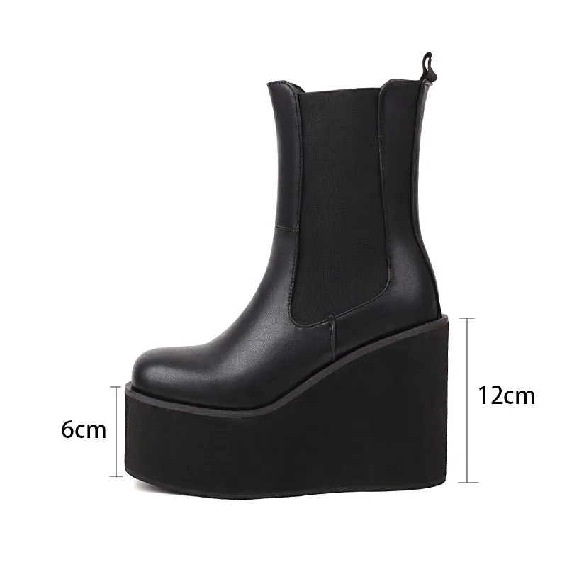 Platform Wedge Heels Runway Women\'s Ankle Boots Slope Heel Thick Sole Slip-on Chelsea Boots Black White Motorcyle Booties 42 43