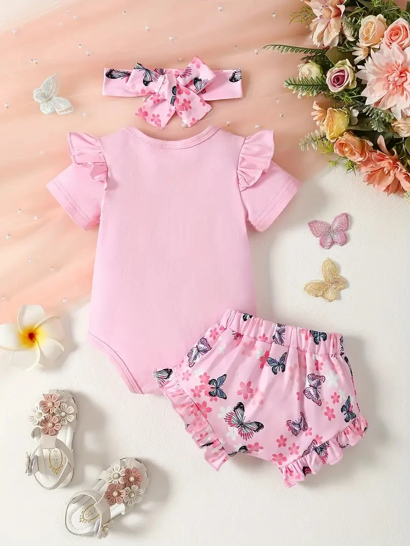 Baby Girl Butterfly Jumpsuit, Print Shorts, 3-Piece Headband Set