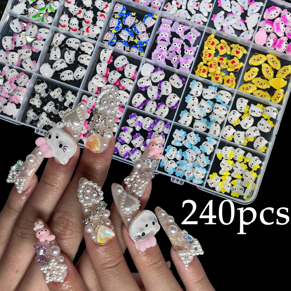 240pcs 24 Grid Mix Sanrio Nail Charms Colorful Hello Kitty My Melody Kuromi For Manicure DIY Nail Parts Y2K Cartoon Nail Jewelry