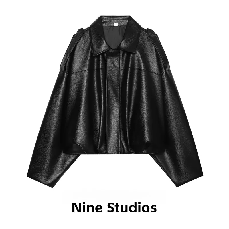 Casual Long Sleeve Faux Leather Pilot Jacket Women's Fashion Outerwear Short Style Turn-down Collar Batwing Sleeve Coat