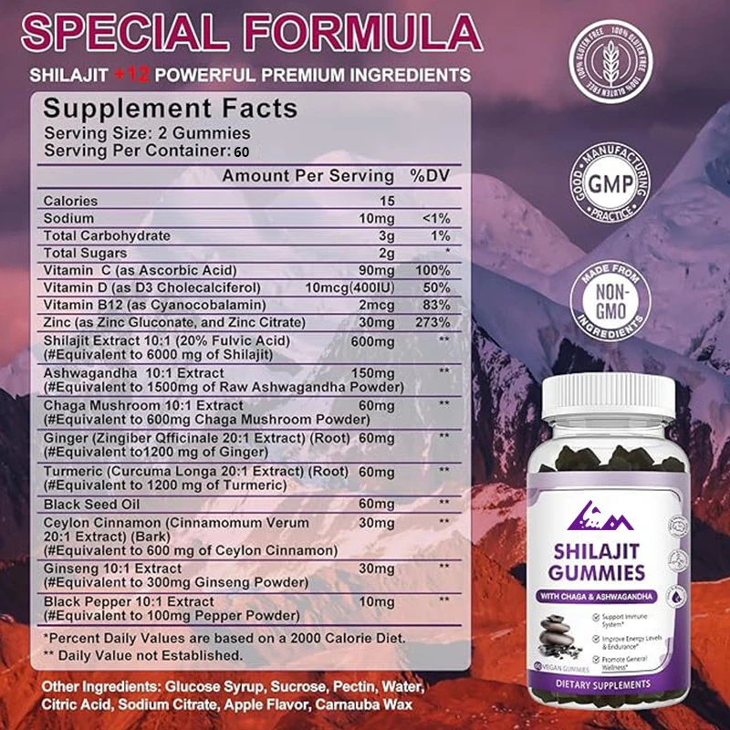 Shilajit gummies, 100% pure natural Himalayan Shilajit suitable for men and women, vegetarian, non genetically modified