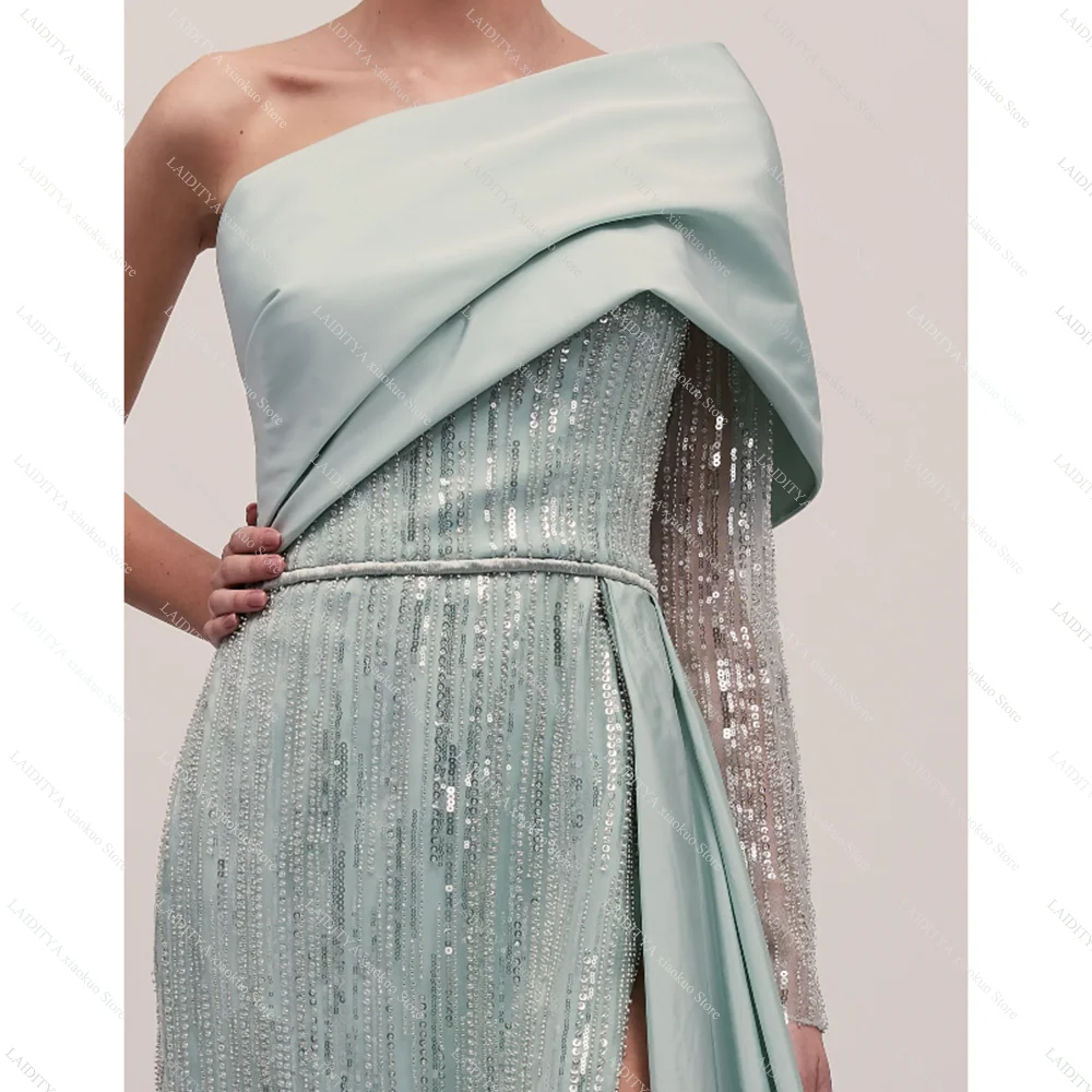 Exquisite Evening Dresses Chic One-Shoulder Beads Sequined Party Gowns Fashion Pleat Floor Length Side Slit Prom Dresses