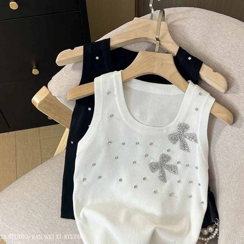 

Women Summer Fashion Diamonds Solid Color O-neck Knitting Camisole Ladies Simplicity Office Lady All-match Sweet Sleeveless Tops