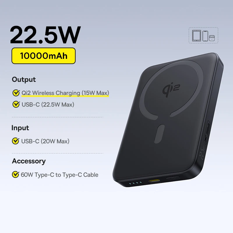 Baseus Qi2 Magnetische Powerbank 15W Kabellos 10000mAh PD 22.5W Schnellladung Kompaktes Tragbares Ladegerät für iPhone 17 Samsung S25