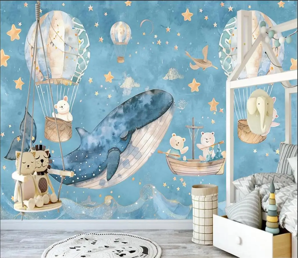 

Custom photo wallpaper Hot air balloon whale animal photo mural modern children's room background home decoration 3d wallpaper