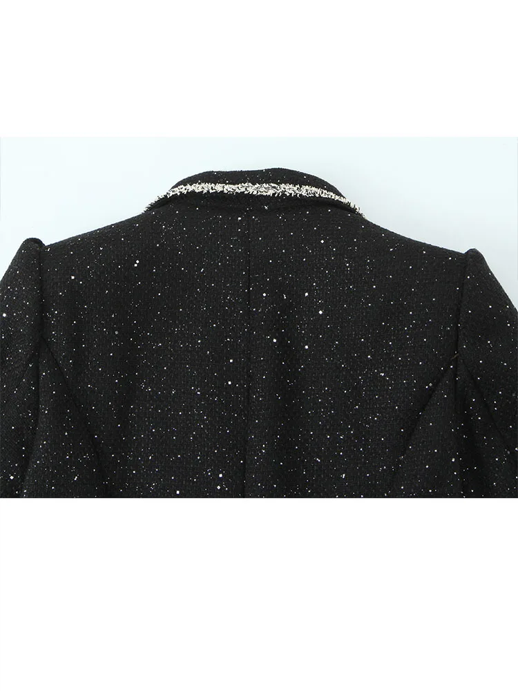 Hh moda feminina pequena fragrância lantejoulas retalhos blazer feminino high street casual lapela duplo breasted jaqueta de manga comprida