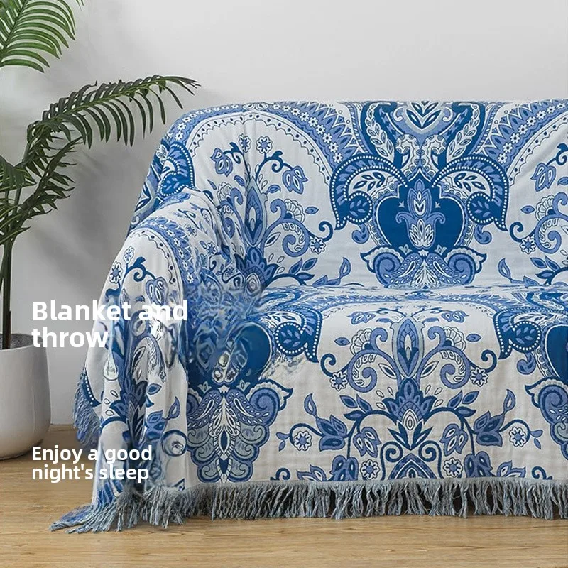 

Summer Cotton Towel Blanket Single Double Size Blue Porcelain Country Tassel Classical National Sle Retro Sofa Cover Cloth