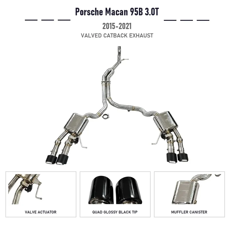 Direct Fit Valved Catback Exhaust for Porsche Macan 95B 3.0T 2015-2021 Stainless Muffler Quad Glossy Black Tips W/Remote Control