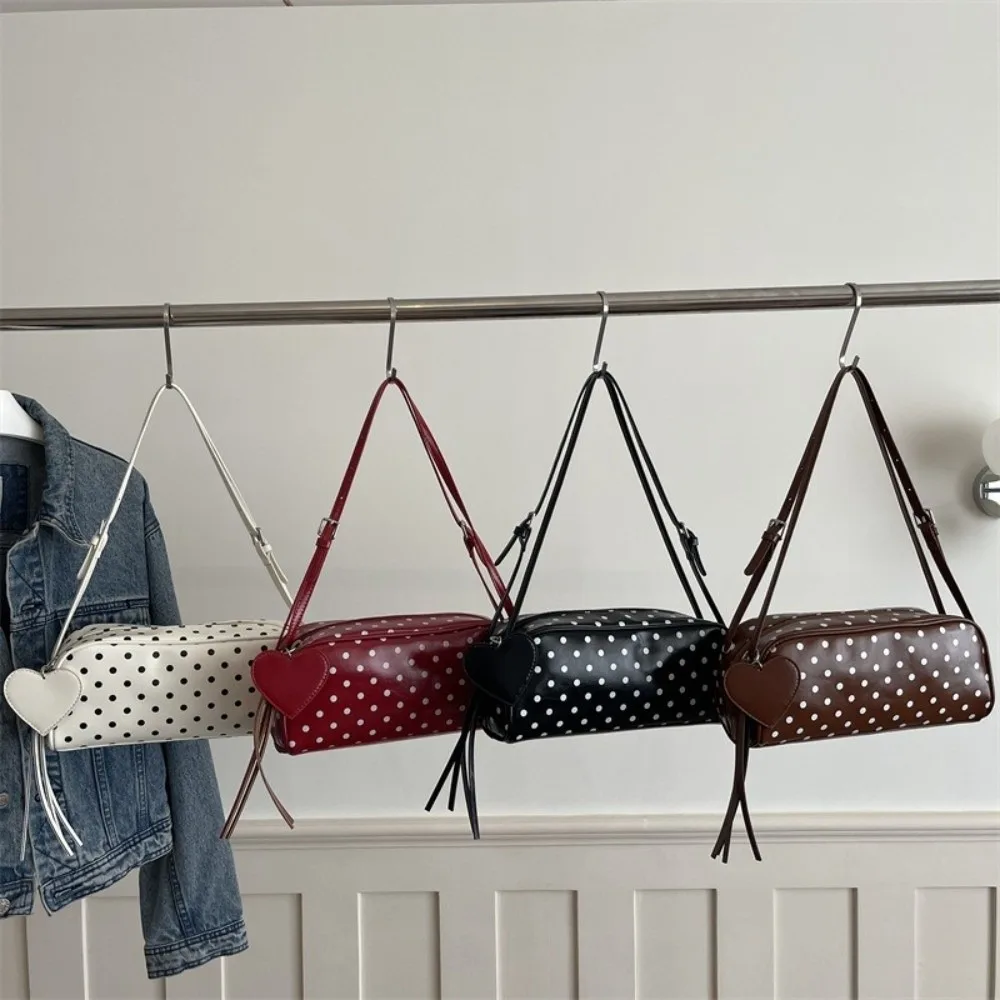 

Versatile Adjustable Straps Polka Dot Shoulder Bag Large Capacity Heart Pendant Tote Bag PU Leather Cute Crossbody Bag Daily Use