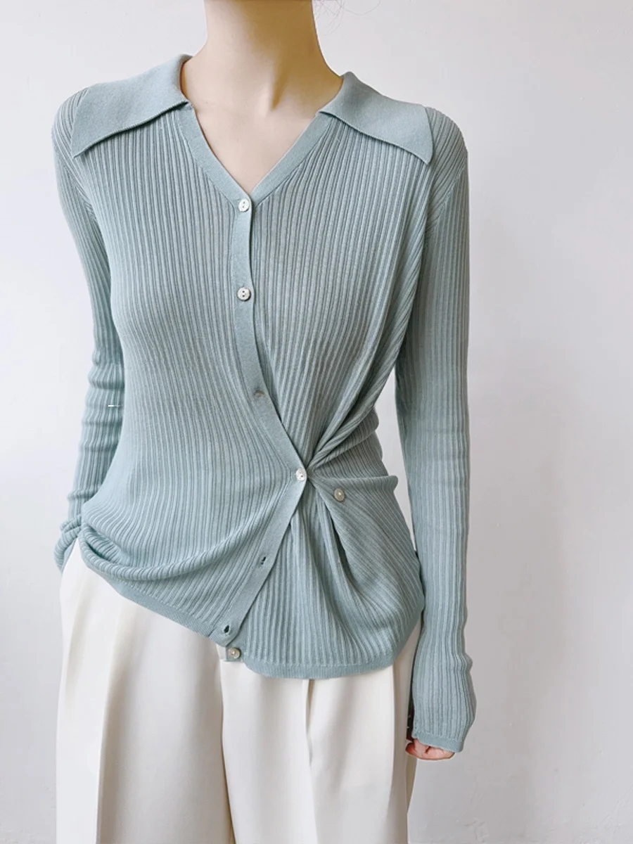 

XALI Blue V-ne Knitwear Women's Slim Fit Thin Collar Sweater Cardigan Inner Wear Top Commute Sle Simple Design Long ...