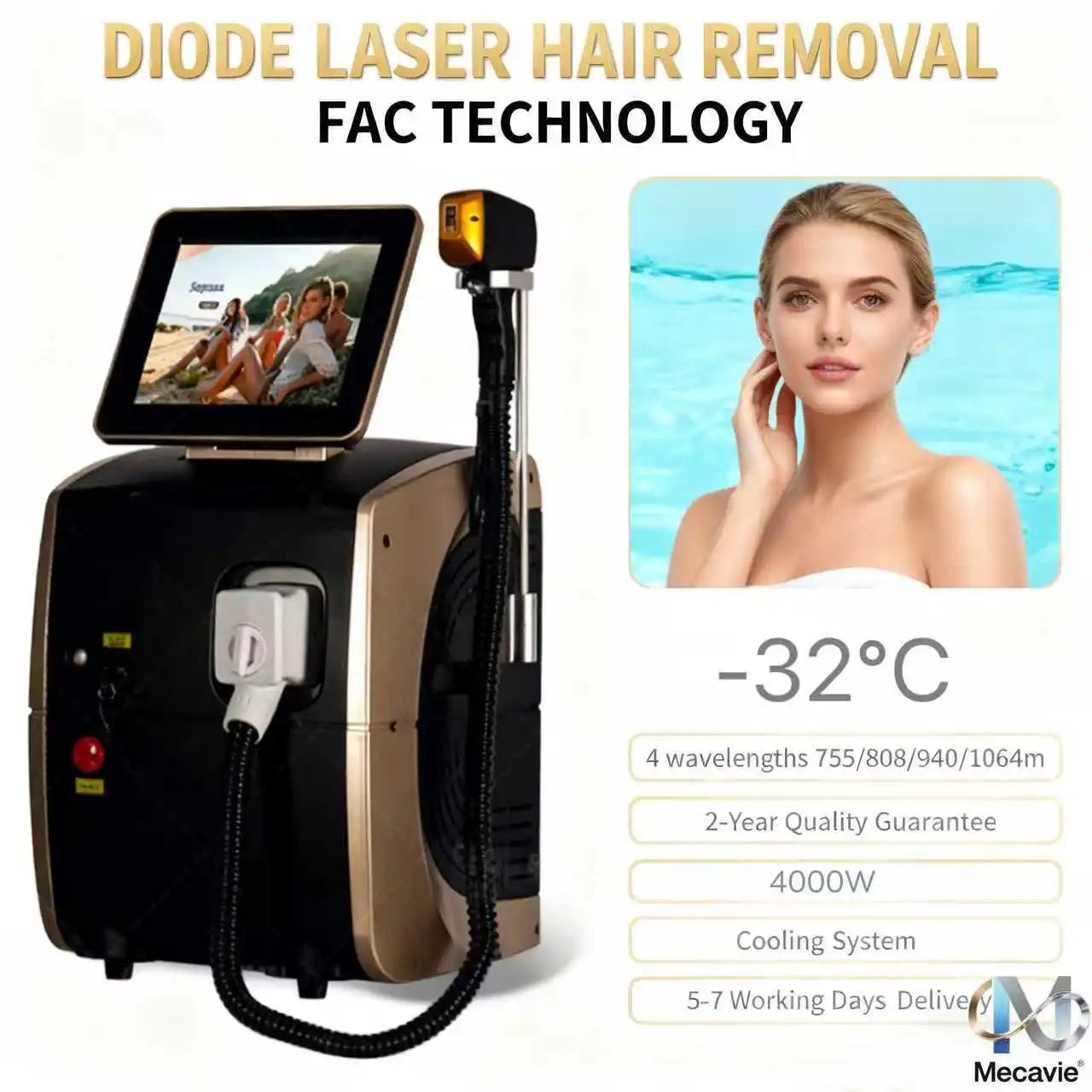 Hot Sale Professional 4 Wavelength 755nm 808nm 940nm 1064nm Diode Laser Hair Removal Machine Ice Cooling Painless Permanent Hair Remover Full Body Armpit Leg Bikini Facial Arm Chest All Skin Salon SPA Clinic Home Use CE Certified Safe No Scar 2Y Warranty