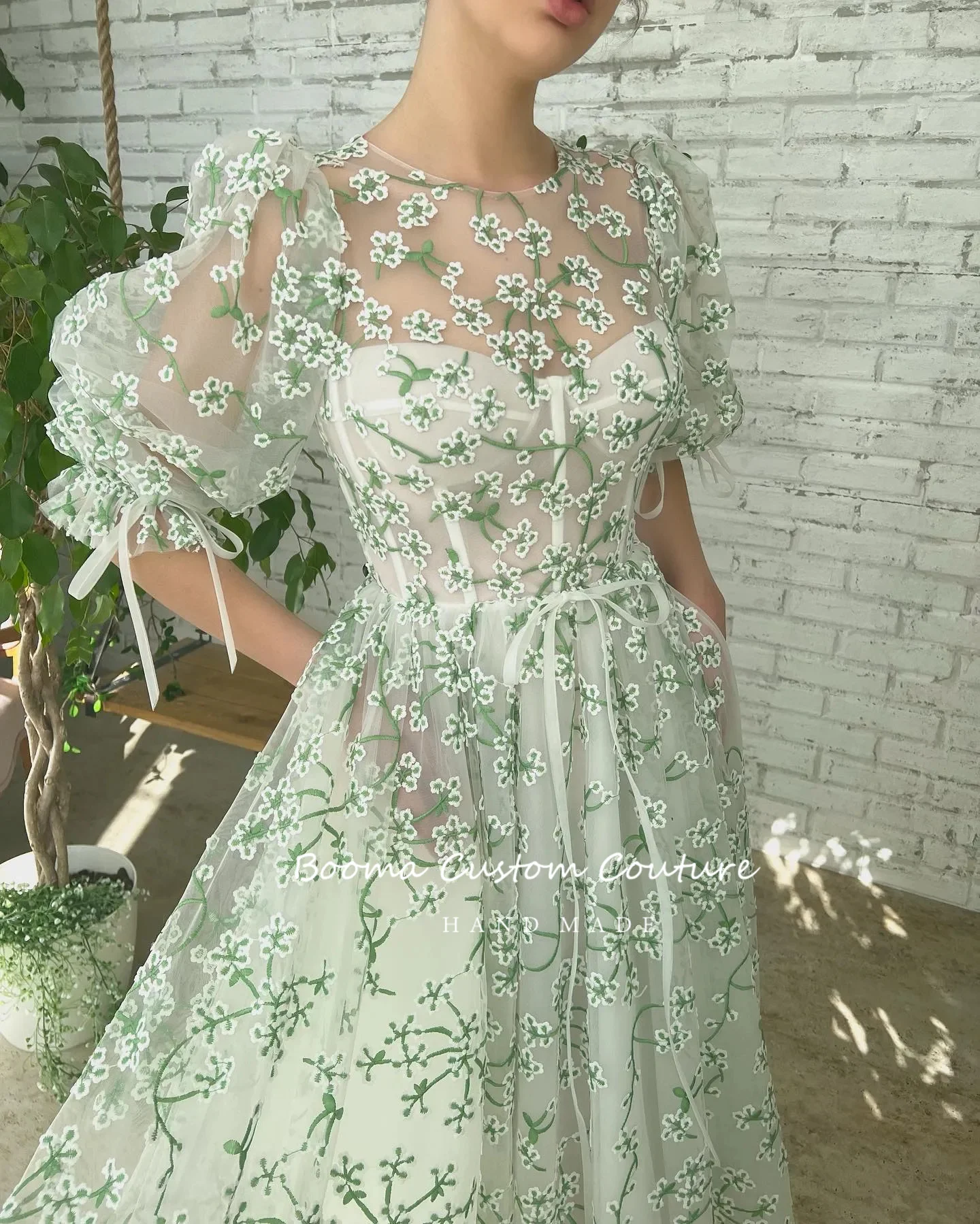 Booma Embroidery Lace Midi Prom Dresses Sheer Neckline Half Sleeves A-Line Wedding Party Dresses Tea-Length Formal Evening Gowns