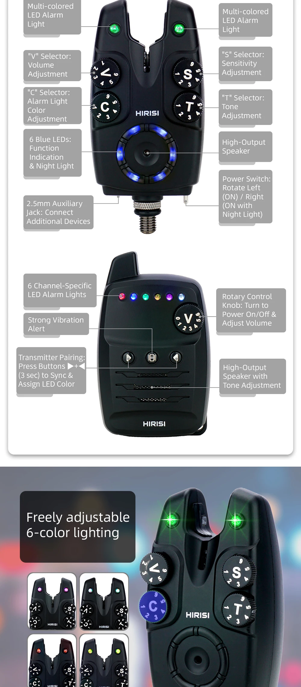 Hirisi S4 1+4 Karpfenangel-Alarmset Bissanzeiger Wasserdicht Fernbedienung Karpfenangel-Zubehör – Detail 2