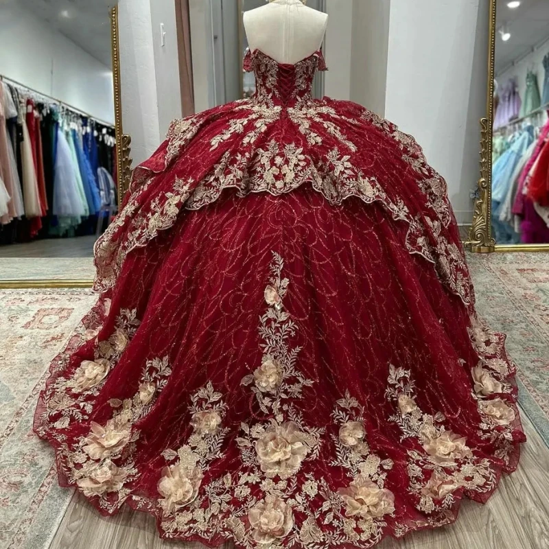 

Мексиканское винно-красное платье на заказ, платье Quinceanera, 3D цветочная аппликация, большая бальная юбка, женское платье для выпускного вечера, театрализованное представление