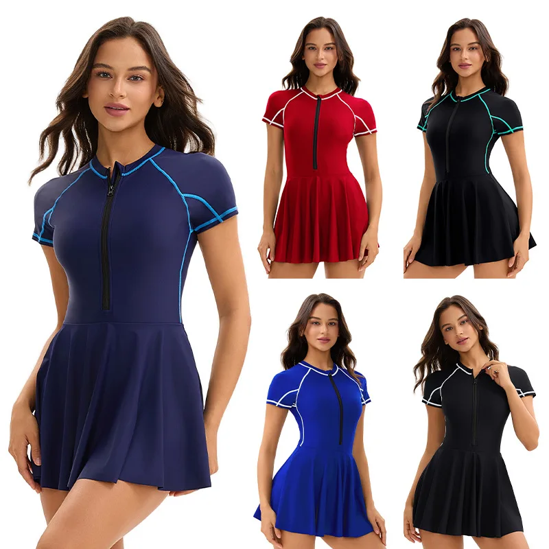 Skirt-style Swimwear, Women's Modest Short Sleeve Color Block Triangle Tight Sports Bathing Suit