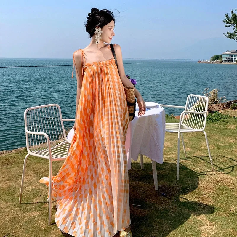 

Beach Holiday Style Suspender Dress Female New Summer Tea Break French Version Skirt Loose Women Long Dresses A-line Skirts