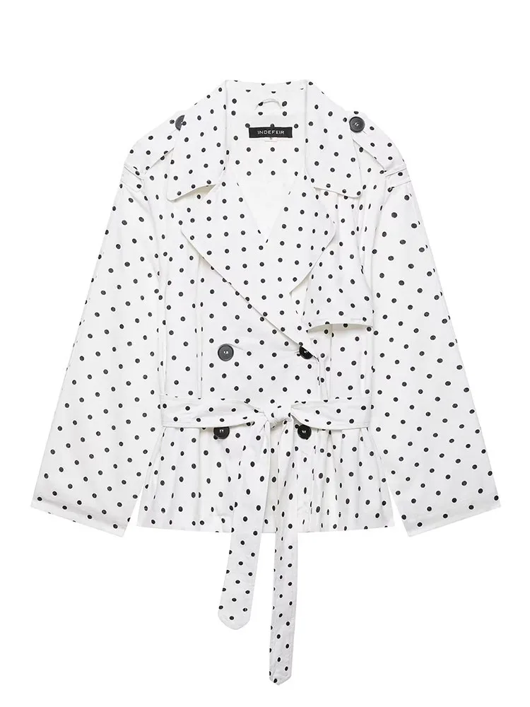 HH Women Summer Elegant White Black Polka Dot Short Trench Coat Double Breasted Belted Waist Notched Lapel Long Sleeve Outerwear