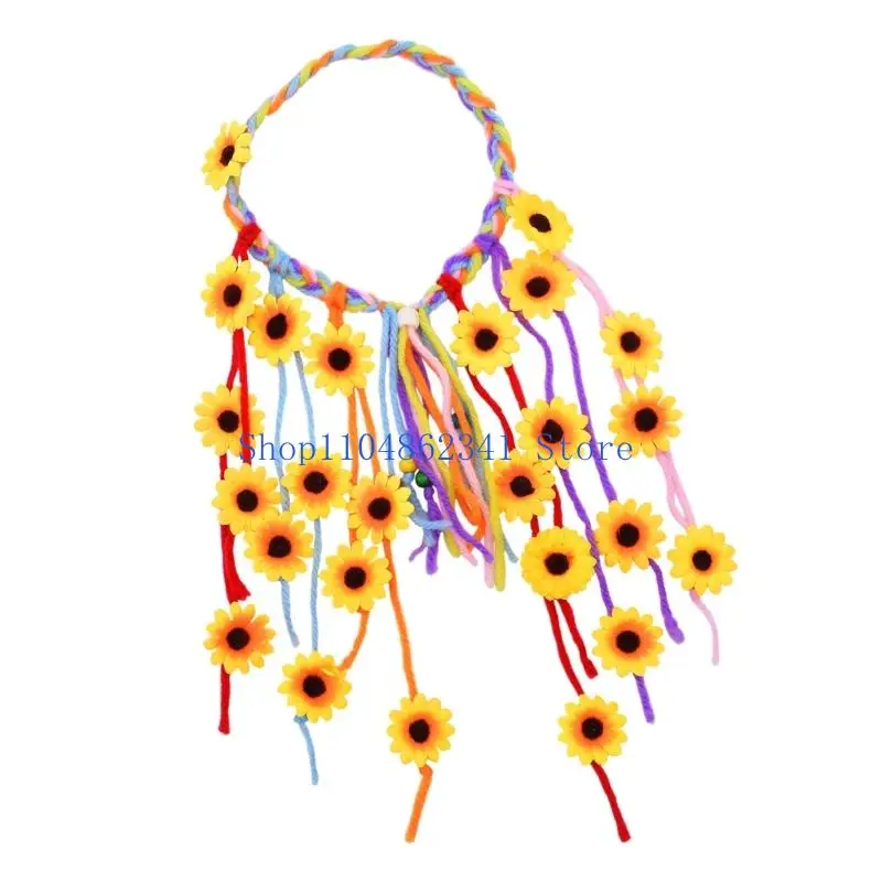 5asd Flower Hippie Headband Floral Crown Sunflowers Hair Accessories Beads Adjust