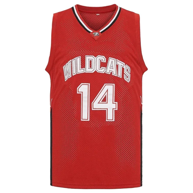 Movie Wildcats High School #14 Troy Bolton Basketball Jersey Sports Shirt Cosplay Mens Sewing Jersey Shirts Red