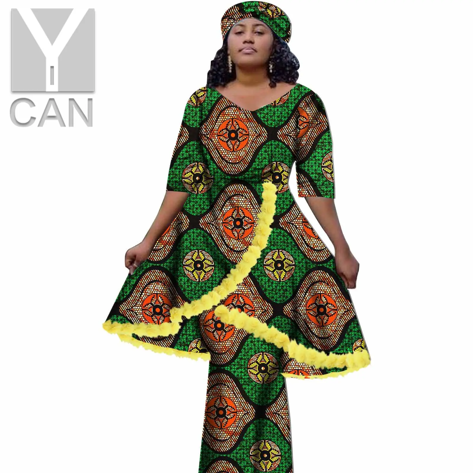 

African Clothes for Women Print Ruffles Irregular Long Top and Skirts Sets with Headwraps Female Ankara Dresses Outfits S2026016