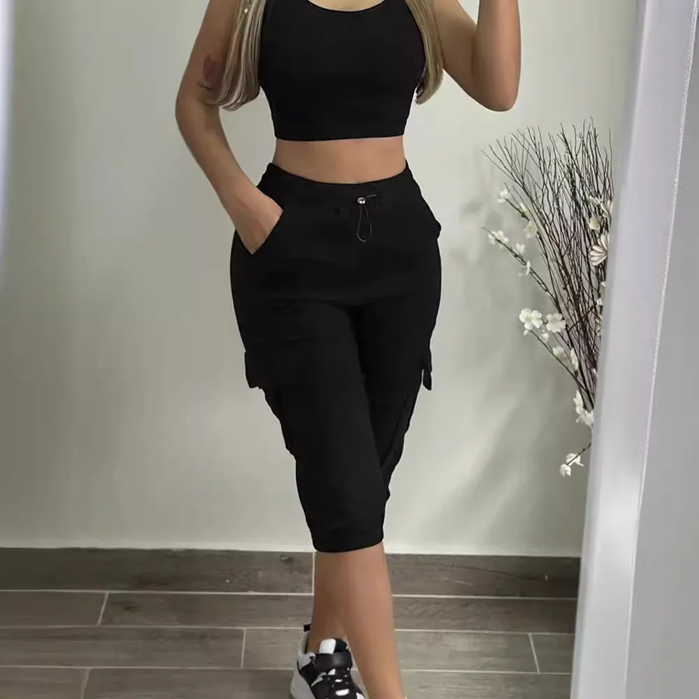2026Summer Women's Slim-Fit Capri Trousers Solid Color Casual Multiple Pocket Lace-Up High Waist Tight Leggings Capri Pants 2026