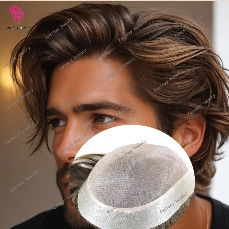 

#4 Brown Blonde Super Durable 100% Human Hair Wigs Black Bald Man Fine Mono Pu European Men Toupee Hairpiece Capillary Prosthesi