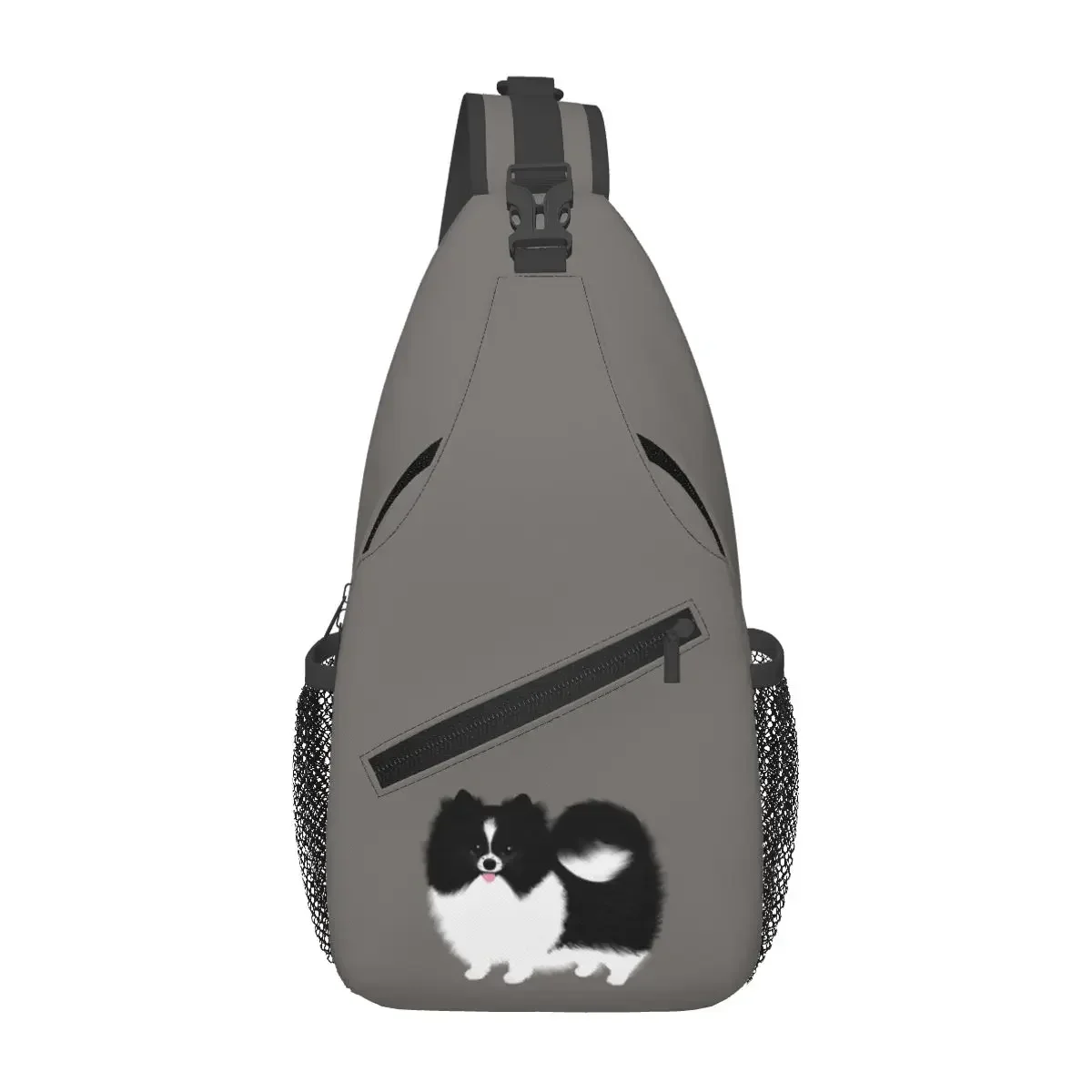 

Black And White Parti Pomeranian Fluffy Dog Chest Bag Men Sling Crossbody Backpack Chest Bag Traveling Daypack Shoulder Bag