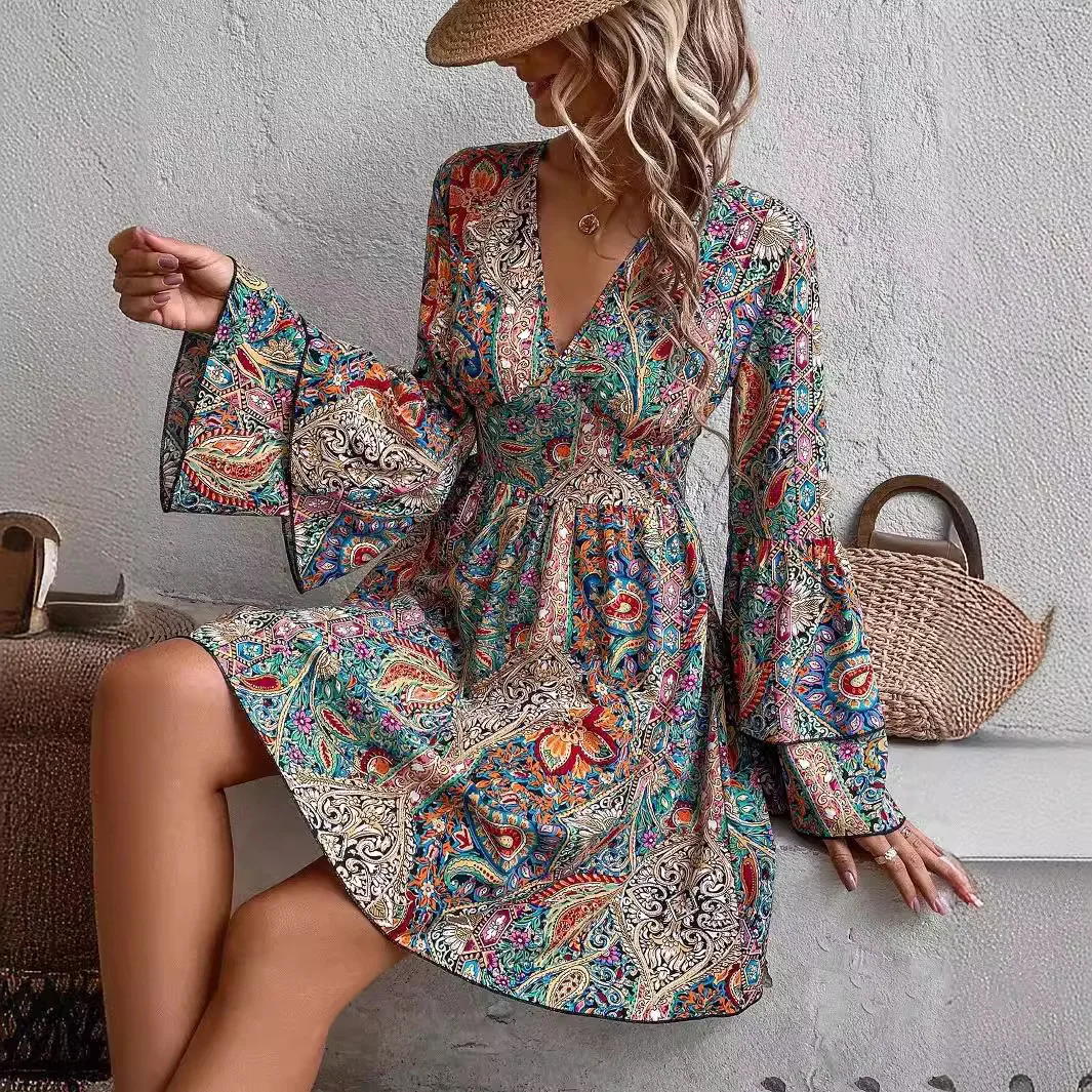 Women's Boho Floral Printed V-Neck Flared Sleeve A-Lined Dress Autumn Ladies Holiday Beach Vacation Casual Sundress Size S-3XL