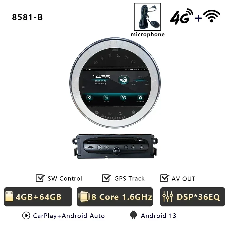 CHSTEK Autoradio Android 13 Carplay Voor BMW Mini Cooper R56 R55 R57 R58 R60 S Clubvan Coupe Clubman 2006-2015 BT GPS WIFI 4G DSP
