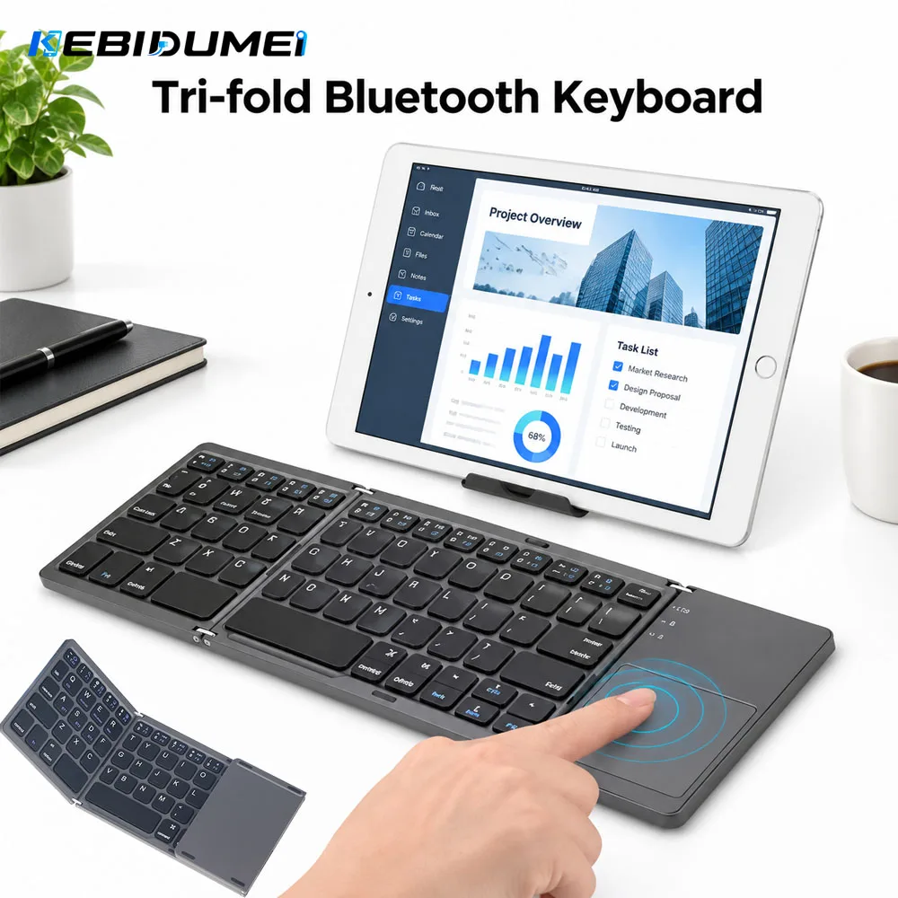 KEBIDUMEI Three Bluetooth Keyboard with Touchpad Tri-fold Keyboard Mini Keyboard Rechargeable Keyboard for PC Windows Android