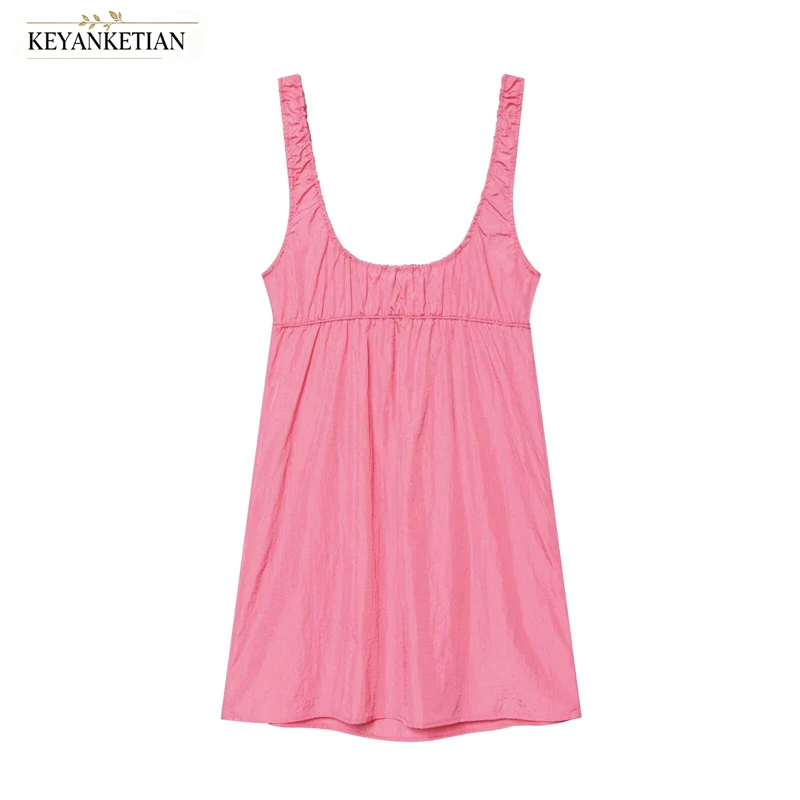 KEYANKETIAN 2026 Square Neck Cami Mini Dress Adjustable Drawstring Waist Ruched Straps Loose Solid Casual Vacation Sundress