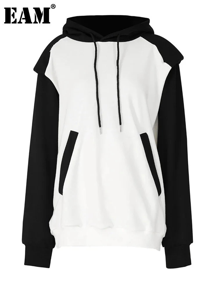 [EAM] Loose Fit White Color-block Sweatshirt New Hooded Long Sleeve Women Big Size Fashion Tide Spring Autumn 2024 1DF6432