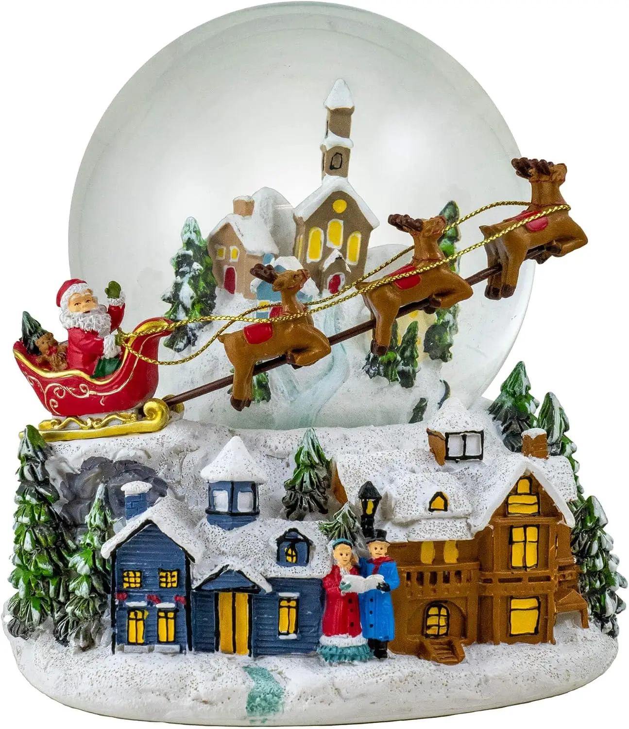 Snow Globe Featuring Santa and Reindeer Flying Over a Village