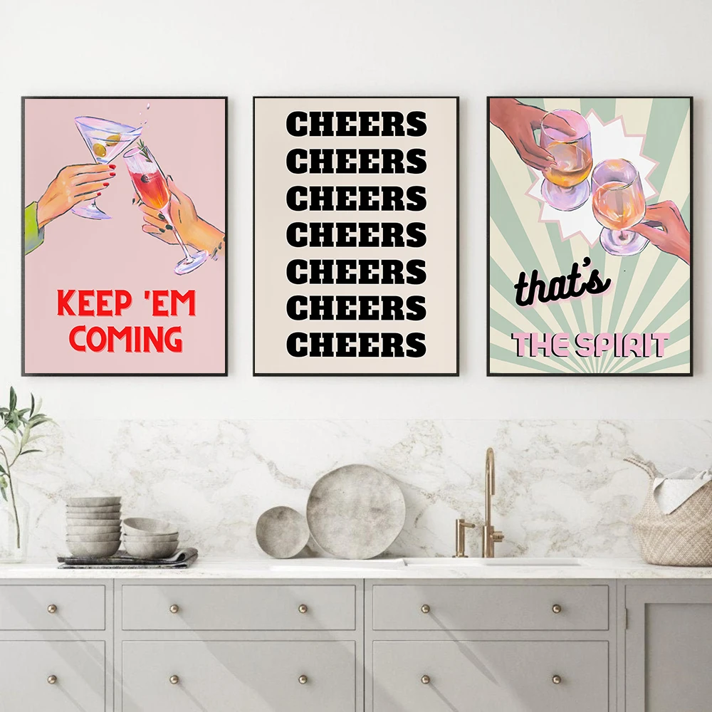 Bar Cart Cheers Print Accessories Wall Art Canvas Painting Preppy Poster Pictures Bar Cart Kitchen Decoration